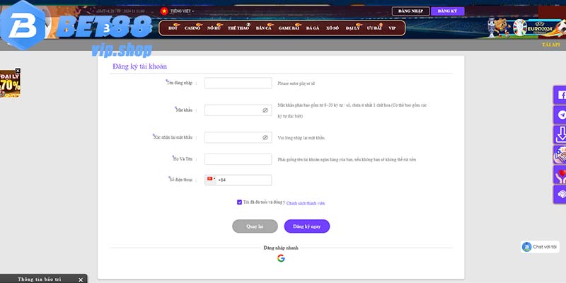 Các thông tin cần nhập khi đăng ký Bet88